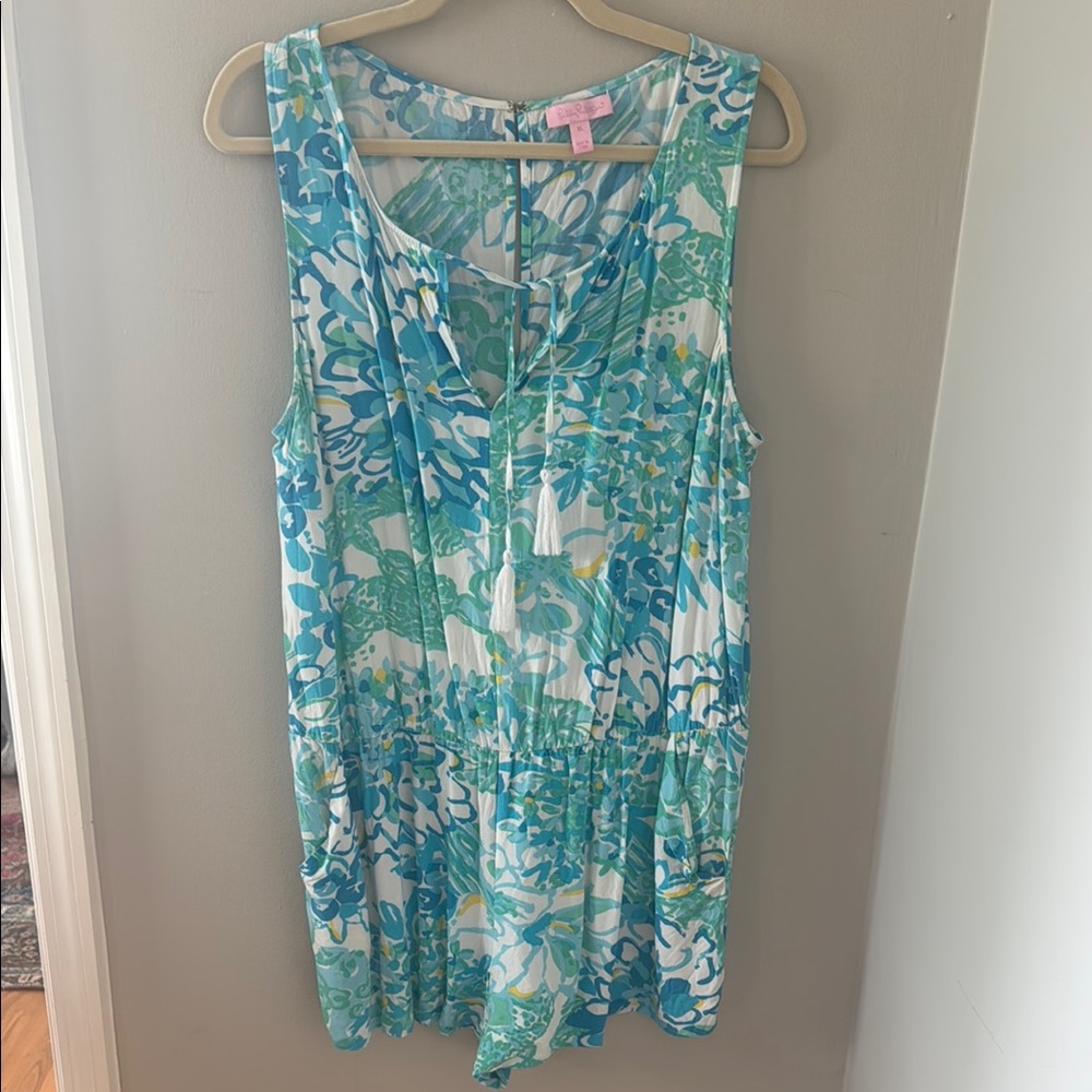 Sleeveless Blue Green Floral Romper with Tassel Tie